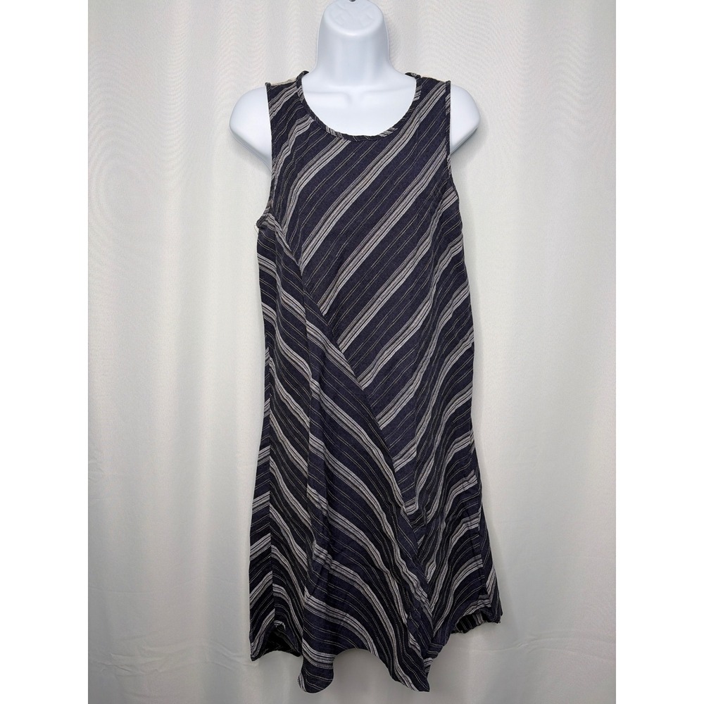 Suzanne Betro Womens Navy Blue Striped Linen Blend Lace‎ Back Shift Dress Size M